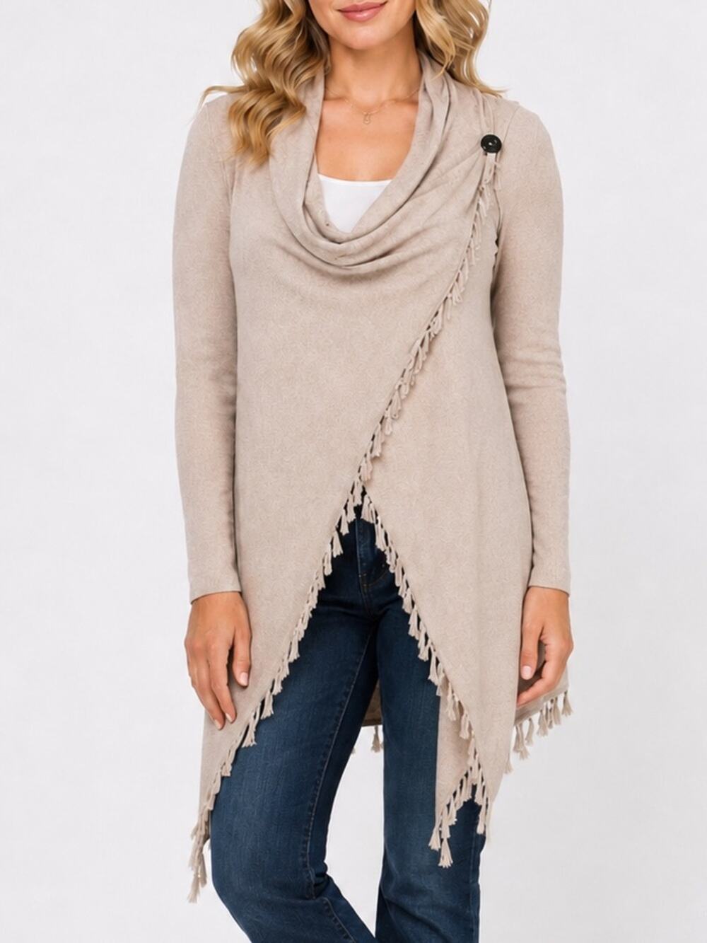 Matilda Jane Come On Over Cardigan Large Beige Tassel Open Front Cozy Boho